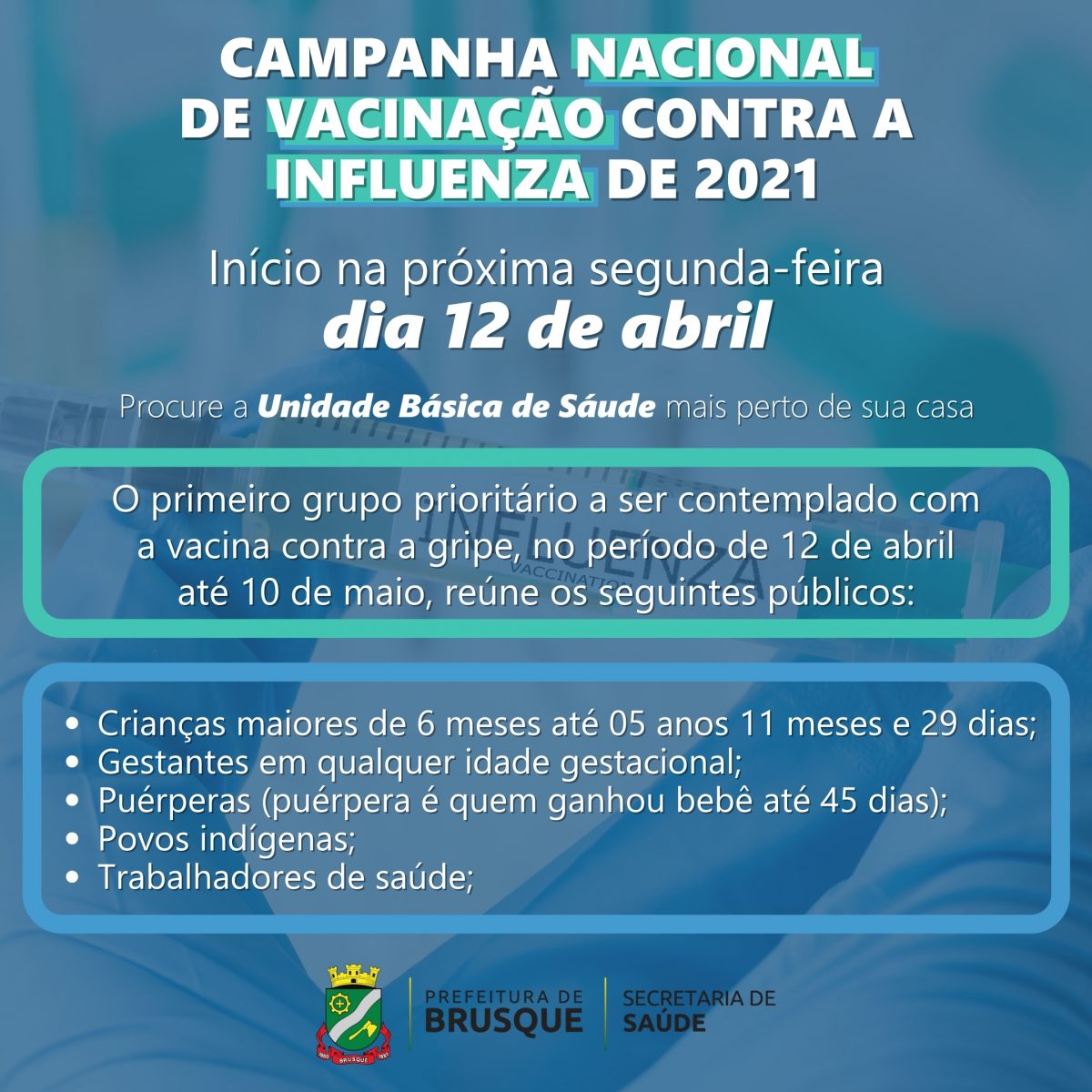 Campanha de Vacinação contra a Gripe inicia na segunda-feira (12)