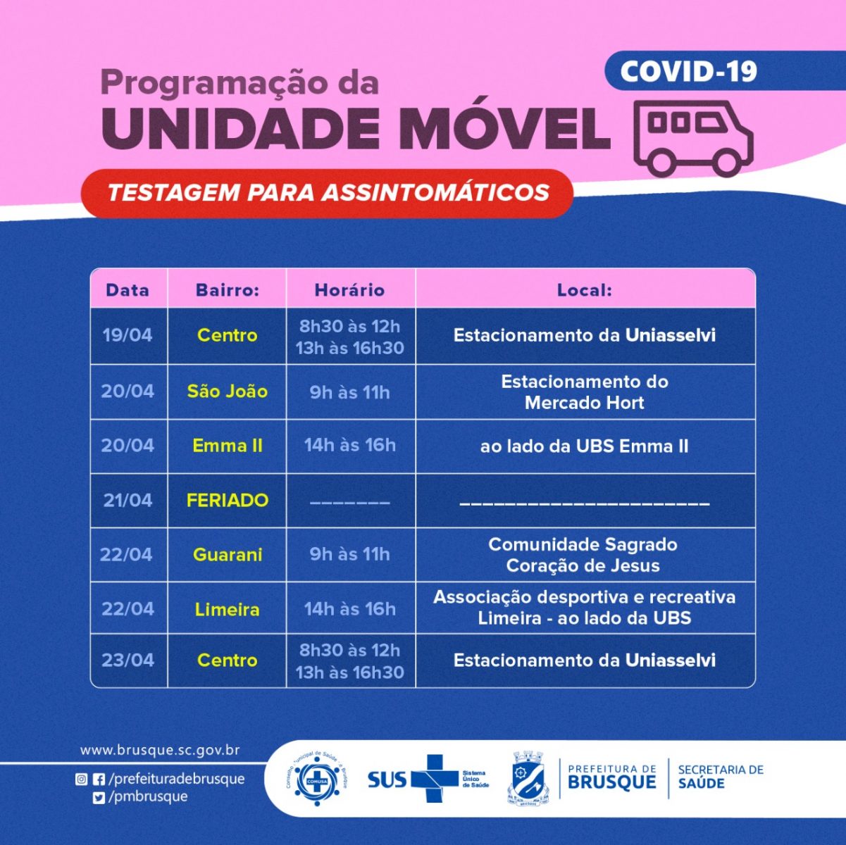 Covid-19: Unidade móvel para assintomáticos divulga agenda da próxima semana