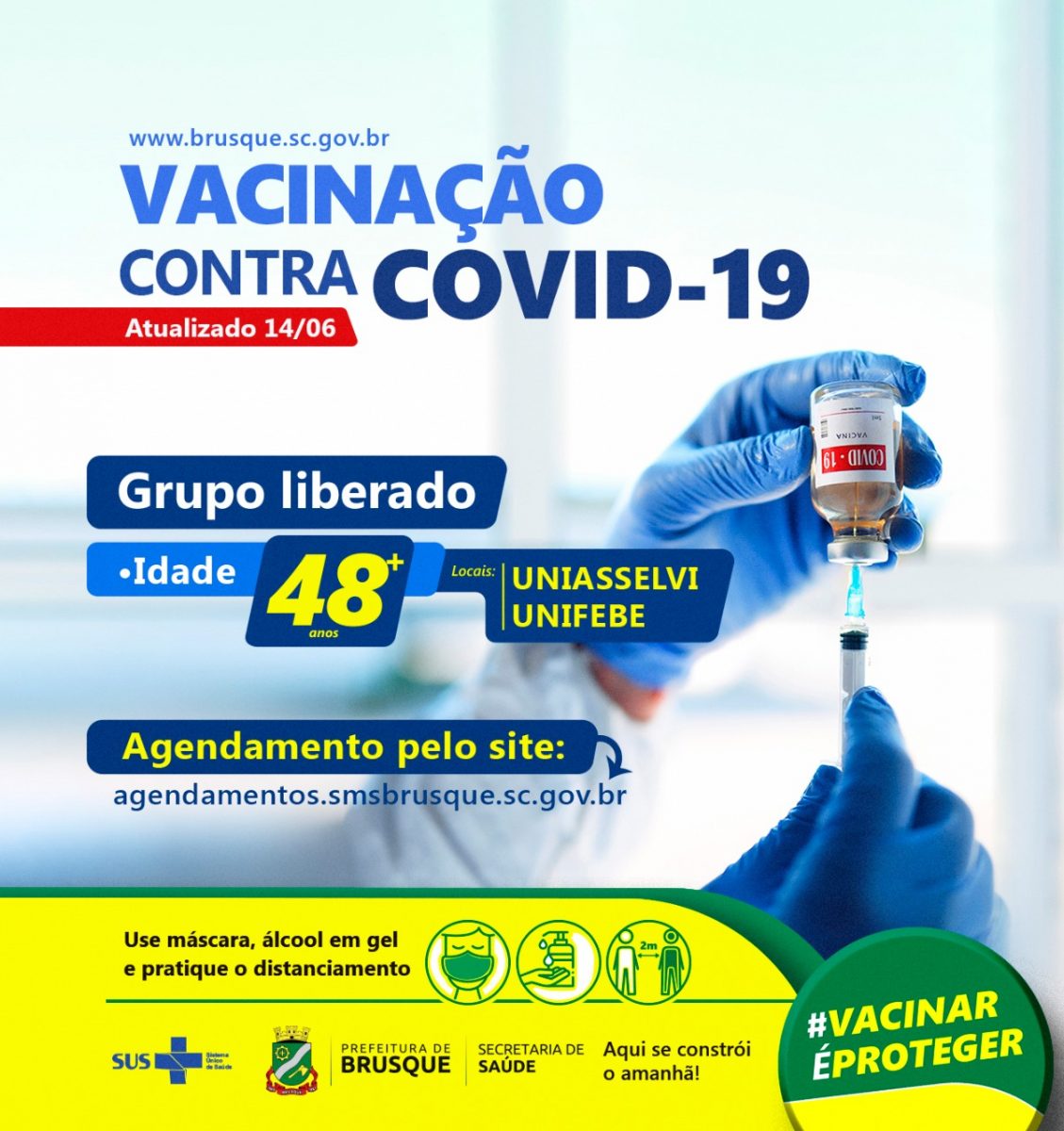 Covid-19: Brusque abre agendamento para vacina a pessoas com 48 anos ou mais