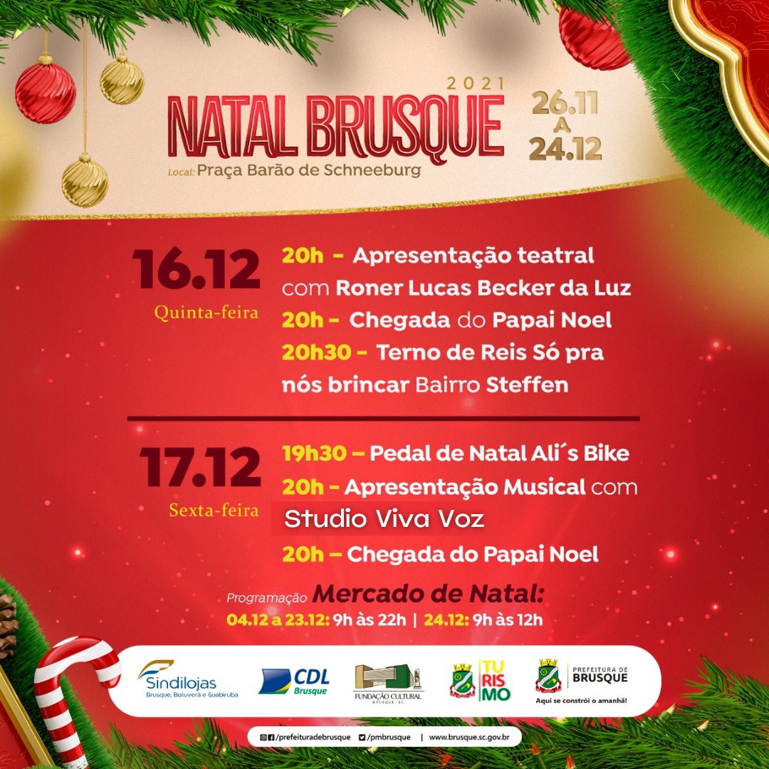 Confira as atividades de Natal desta quinta e sexta-feira em Brusque