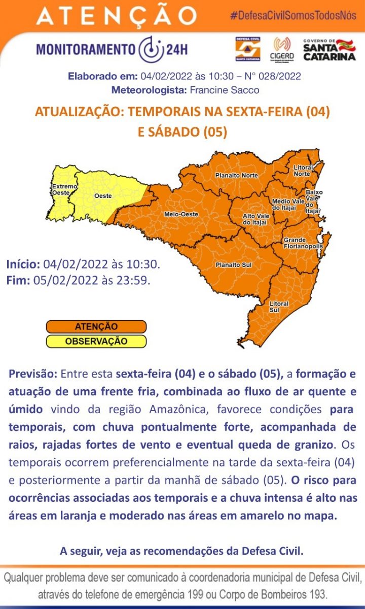 Defesa Civil emite alerta de temporais para esta sexta-feira (04) e sábado (05)