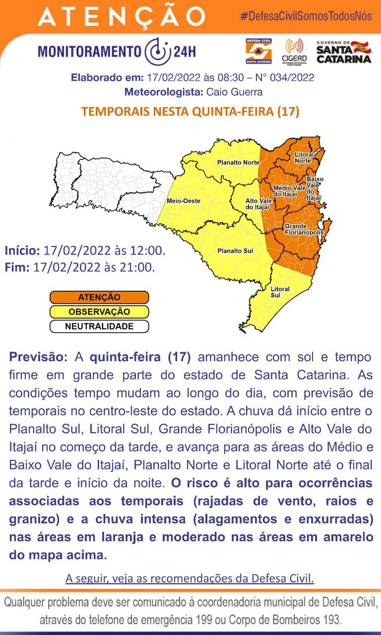 Defesa Civil alerta para possibilidade de temporais nesta quinta-feira (17)
