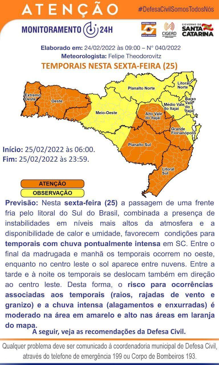 Defesa Civil alerta para possibilidade temporais com chuva intensa na sexta-feira (25)