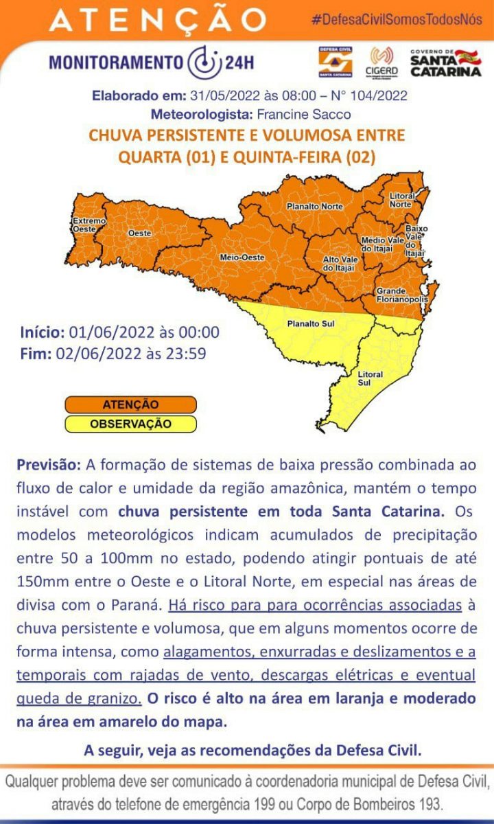Defesa Civil alerta para chuva persistente e volumosa a partir de quarta-feira (1º)