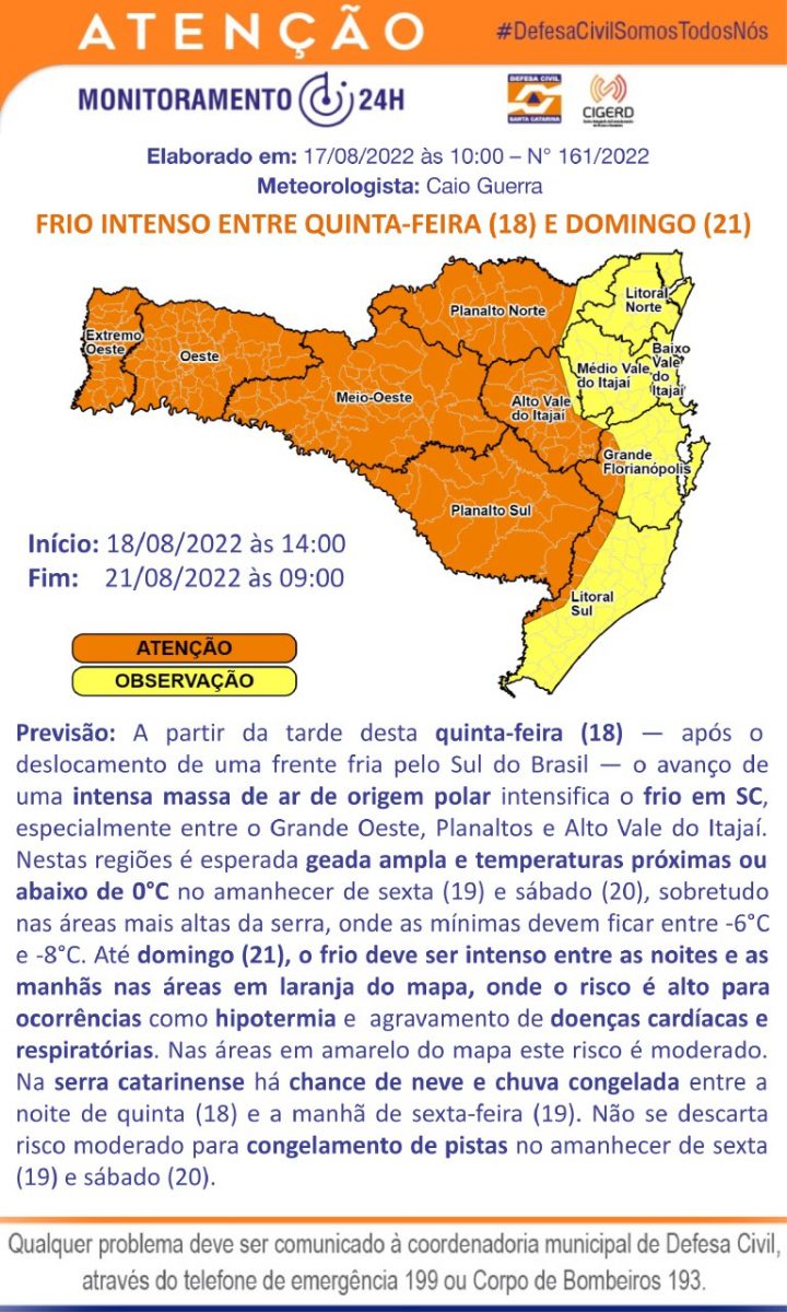 Defesa Civil alerta para frio intenso entre quinta-feira (18) e domingo (21)