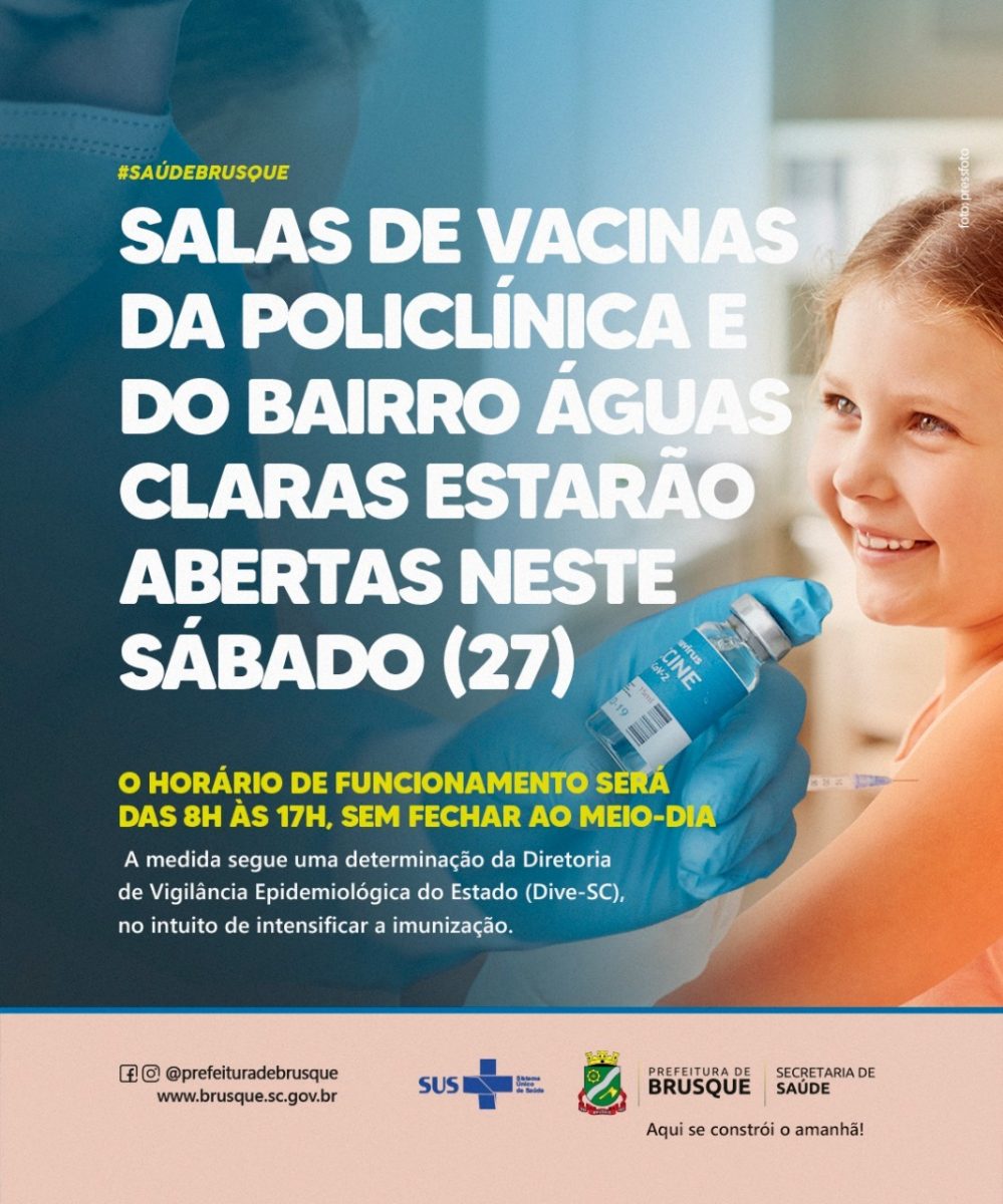 Salas de vacina da Policlínica e do bairro Águas Claras estarão abertas neste sábado (27)