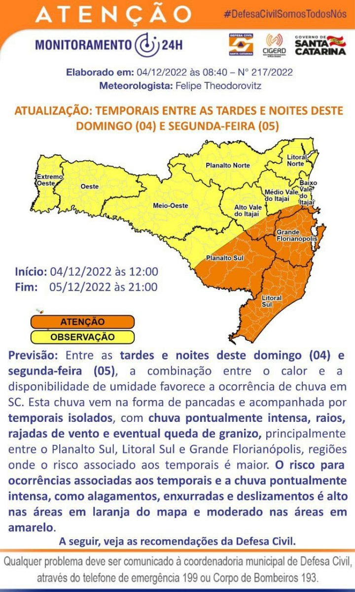 Alerta de Chuva – 4/12/2022<br>Defesa Civil de Santa Catarina
