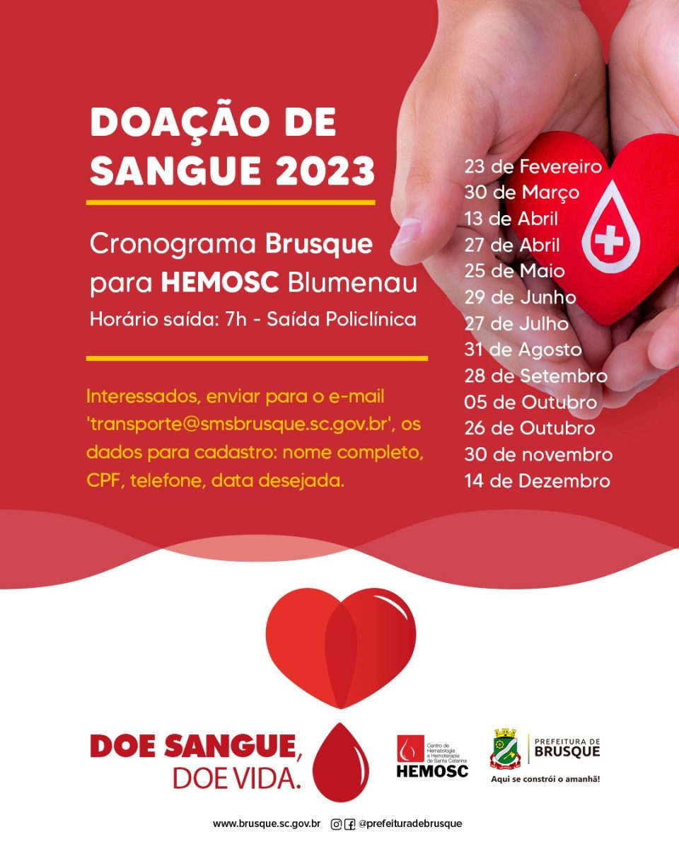 Confira as datas disponíveis para a doação de sangue no Hemosc em Blumenau