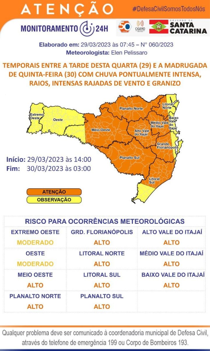 Defesa Civil alerta para chuva intensa a partir da tarde desta quarta-feira (29)