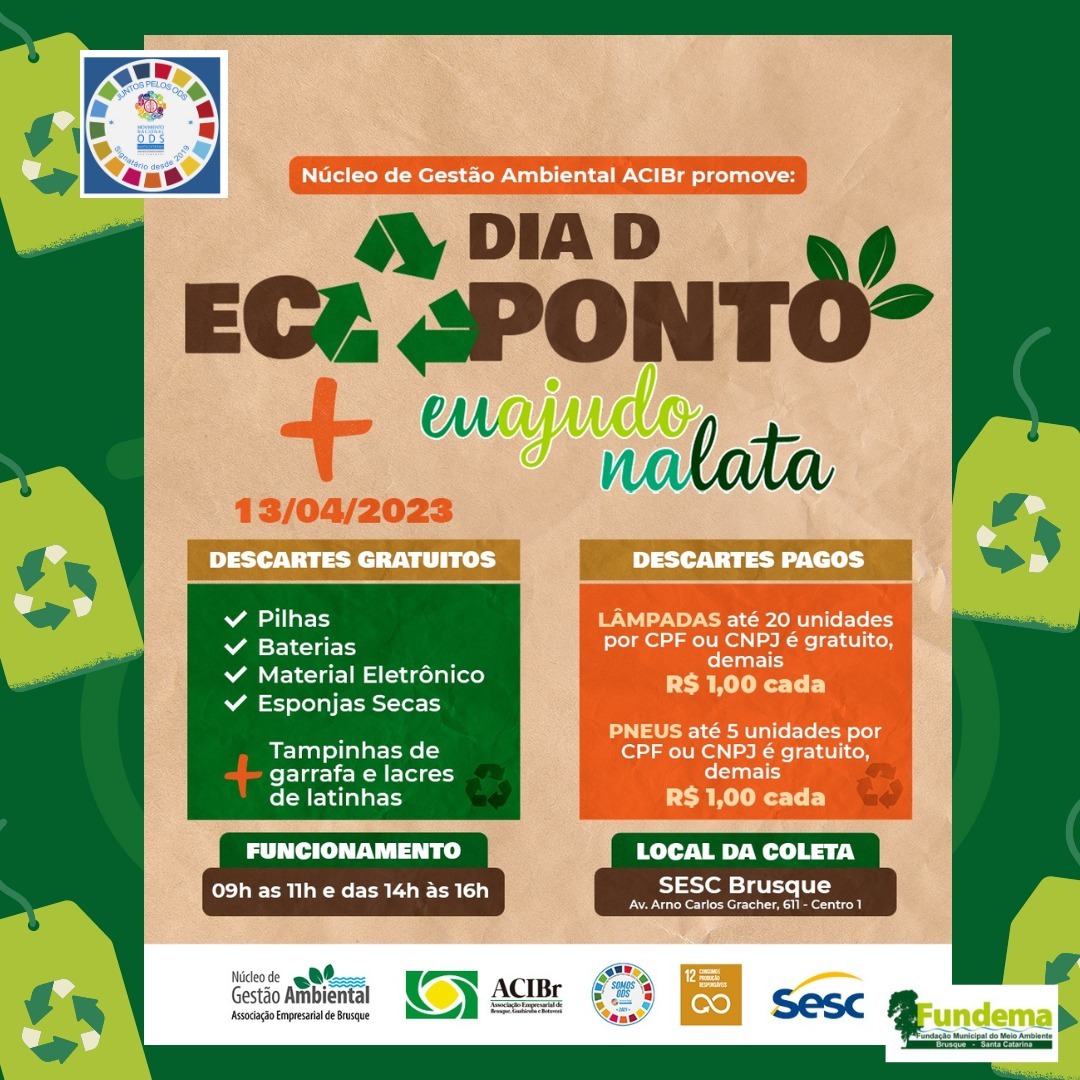 Dia D Ecoponto será realizado no Sesc Brusque, nesta quinta-feira (13)